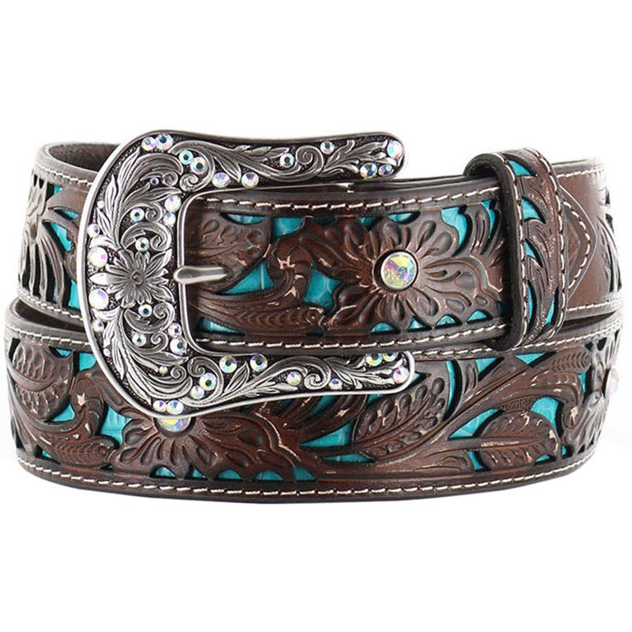 Ariat Women's Turquoise Inlay and Silver Buckle Leather Belt Brown