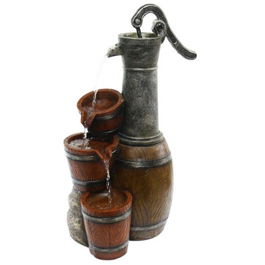 Alpine Vintage Barrel Water Pump w/Buckets Fountain