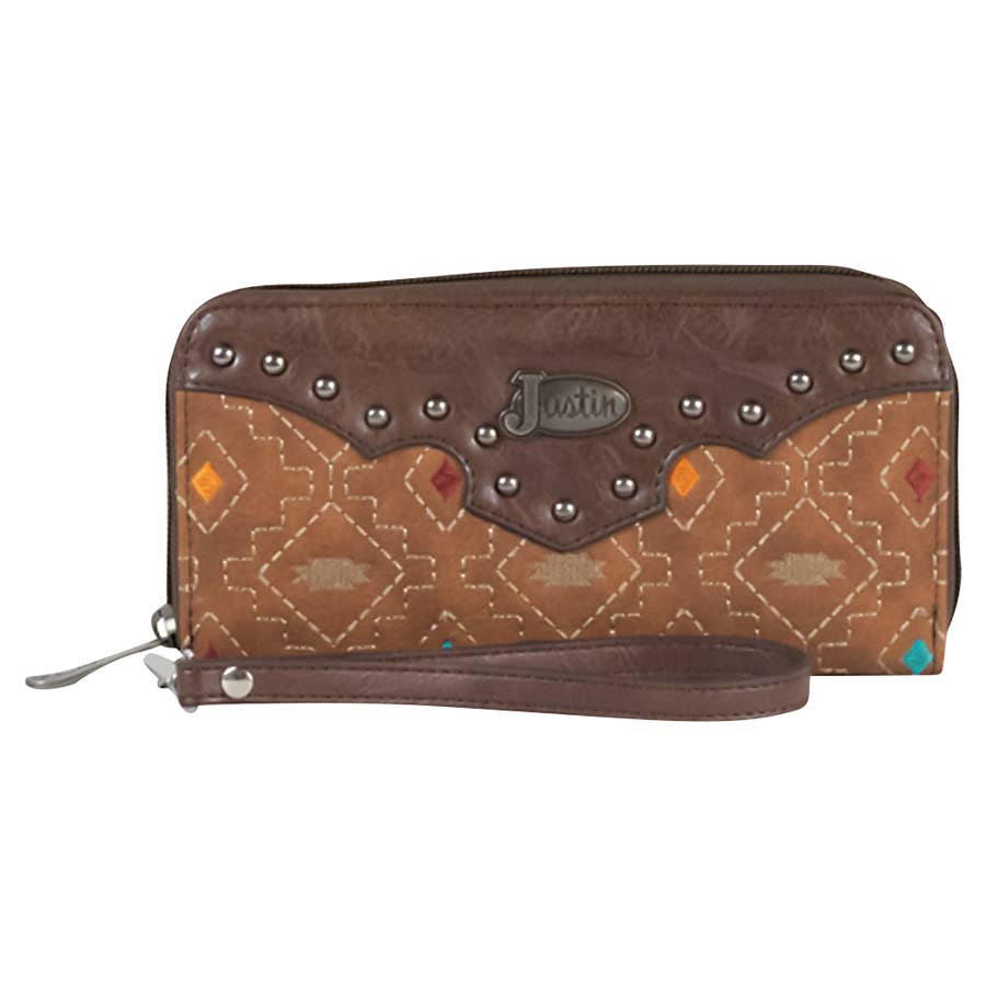 Justin Women's Wristlet Studded Embroidery Wallet Brown
