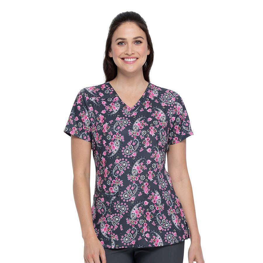 Cherokee Women's Short Sleeve Pen Slot VNeck Scrub Top Crazy for Paisley