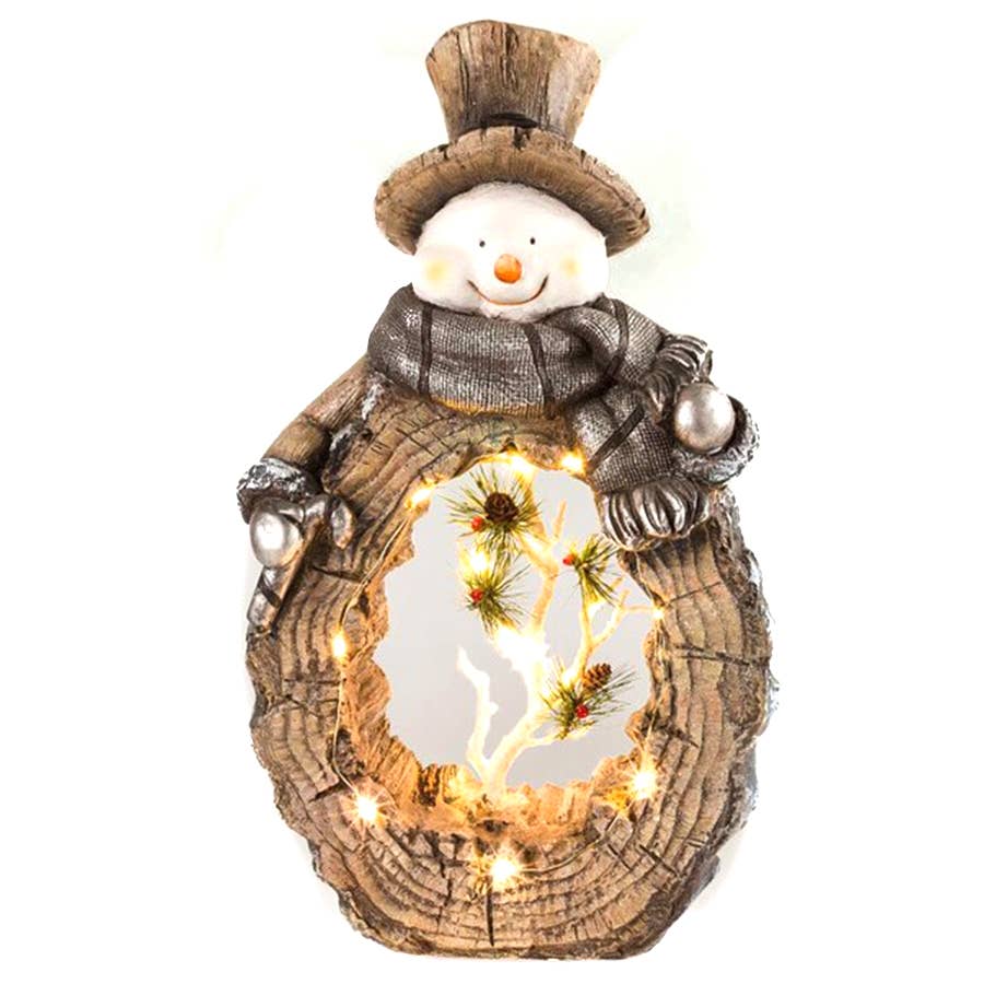 Alpine Snowman Statue with Carved Wood Look and LED Lights