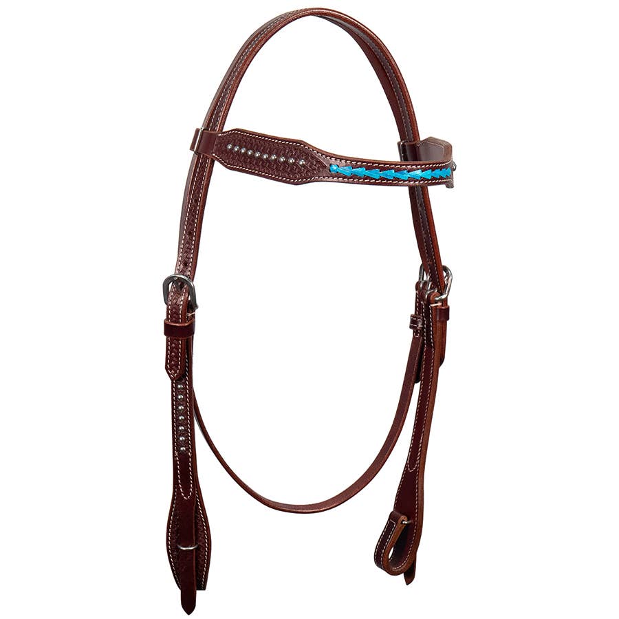 Buffalo Leather Headstall with Steel Dots and Turquoise Rawhide