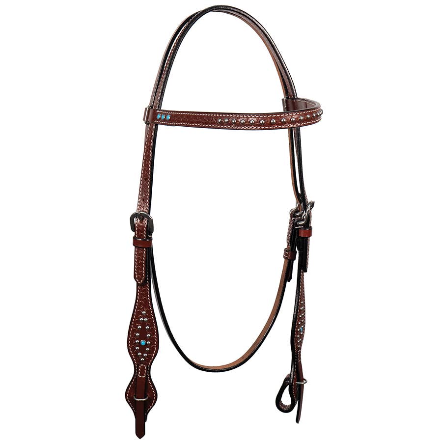 Buffalo Leather Headstall Chestnut with Steel Dots and Turquoise Stones