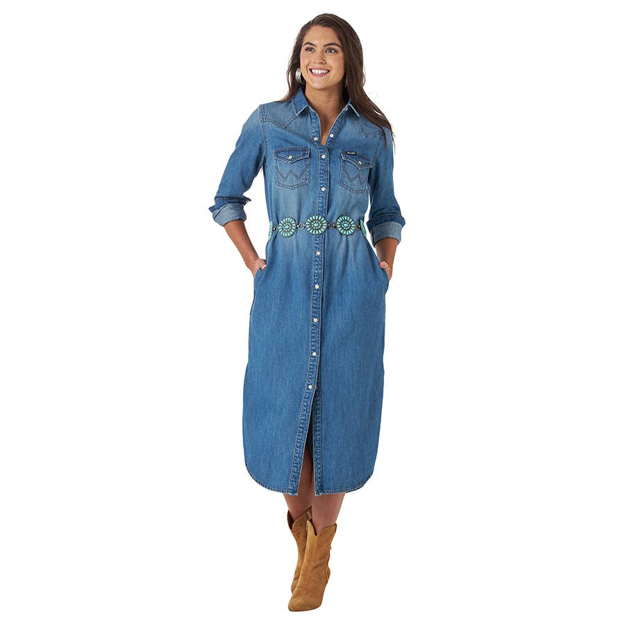 Wrangler Women's Long Sleeve Midi Snap Retro Dress