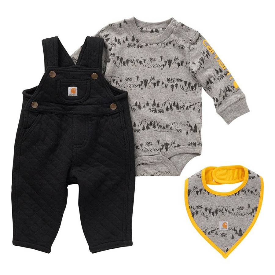 Carhartt Infant Boy's 3 pcs Long Sleeve Graphic Bodysuit, Fleece Overalls and Bib