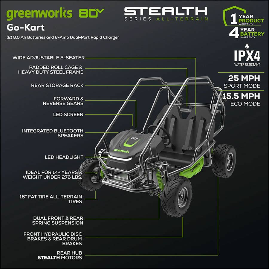 Greenworks 80V STEALTH Series All-Terrain 2-Seat Electric Youth Go-Kart w/  (2) 8.0Ah Batteries & Charger