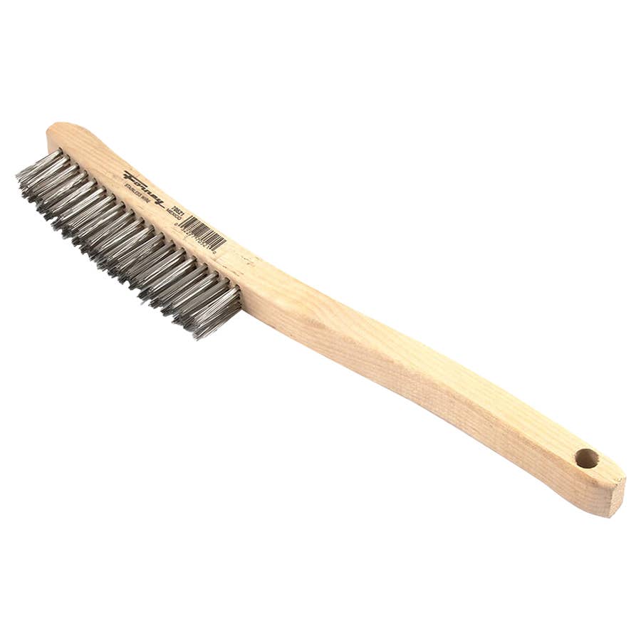 Forney Stainless Steel Scratch Brush with Curved Wood Long Handle